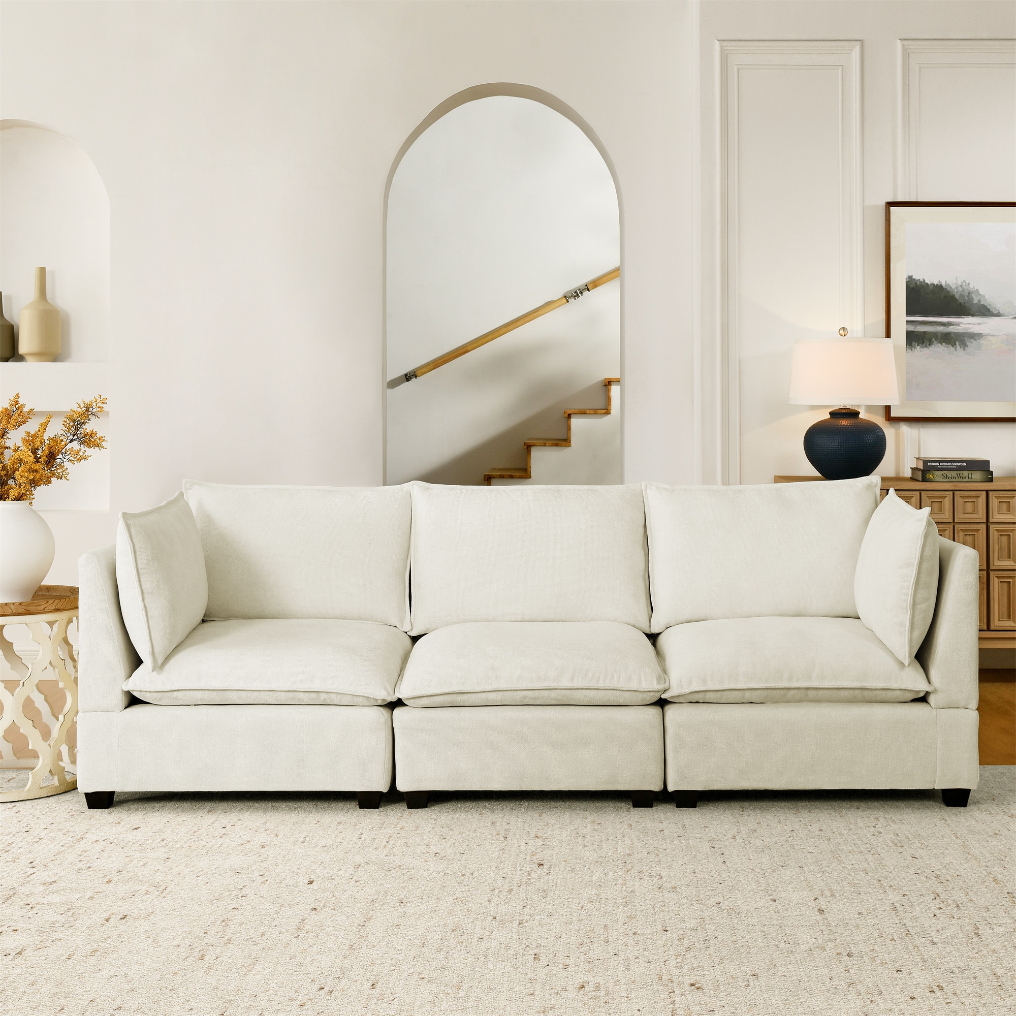 Modern Chenille Comfy Upholstered 3-Seat Sofa with 2 Lumbar Pillow, Deep Seat Sofa Sleeper for Living Room, Apartment, Office, Studio (Beige White, 3-Seat) 